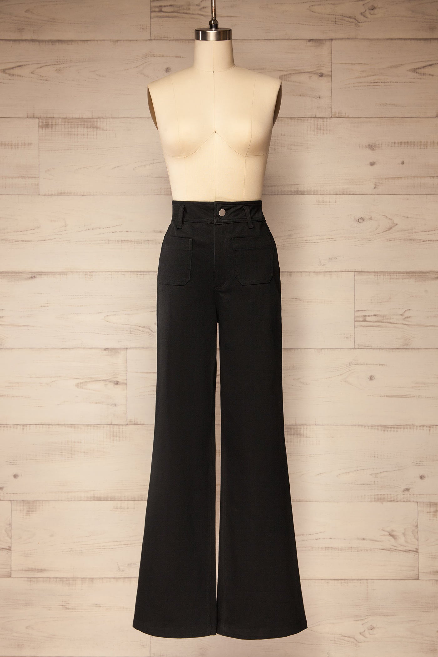 front view of Bermagui Black Wide-Leg Denim Pants with Patch Pockets at La petite garçonne