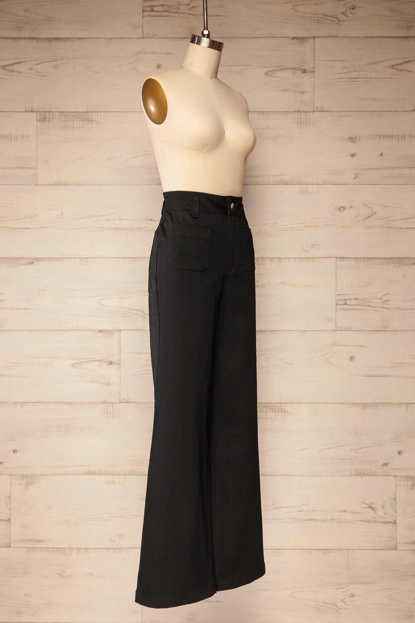 side view of Bermagui Black Wide-Leg Denim Pants with Patch Pockets at La petite garçonne