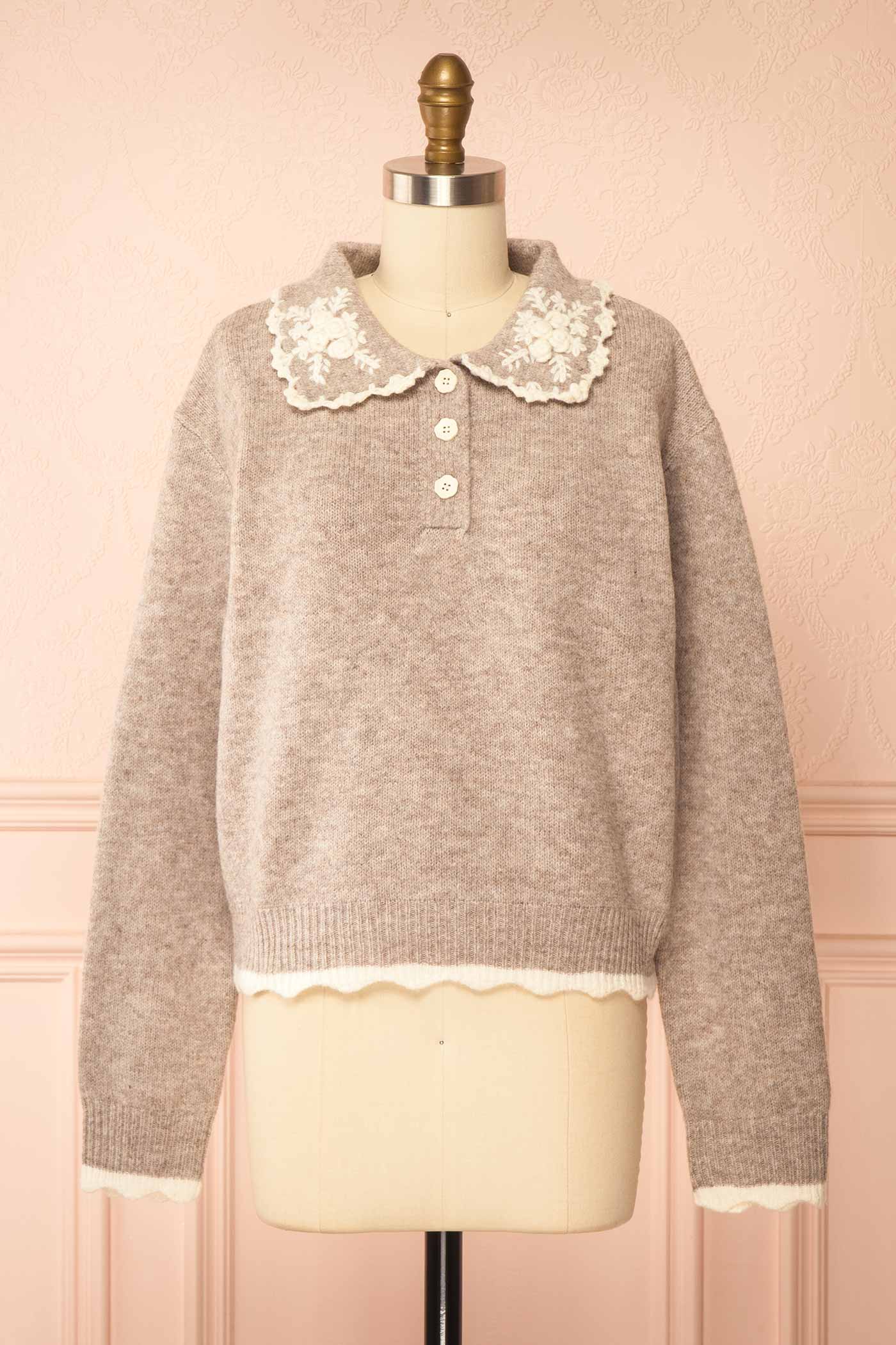 front view of Bernia Grey Embroidered Floral Collar Knit Sweater at Boutique 1861