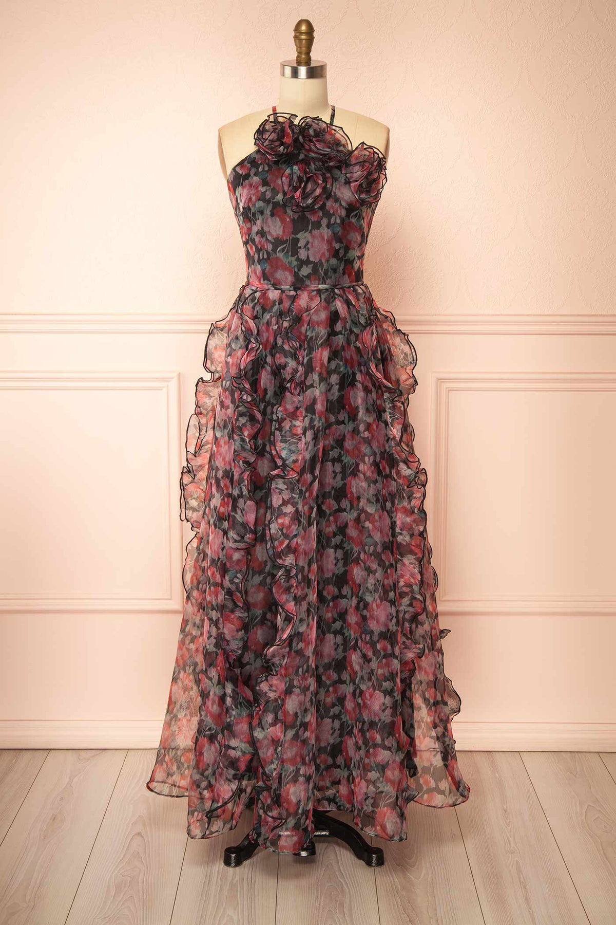 front view of Bernice Floral Organza Ruffled Maxi Dress with 3D Rosettes at Boutique 1861