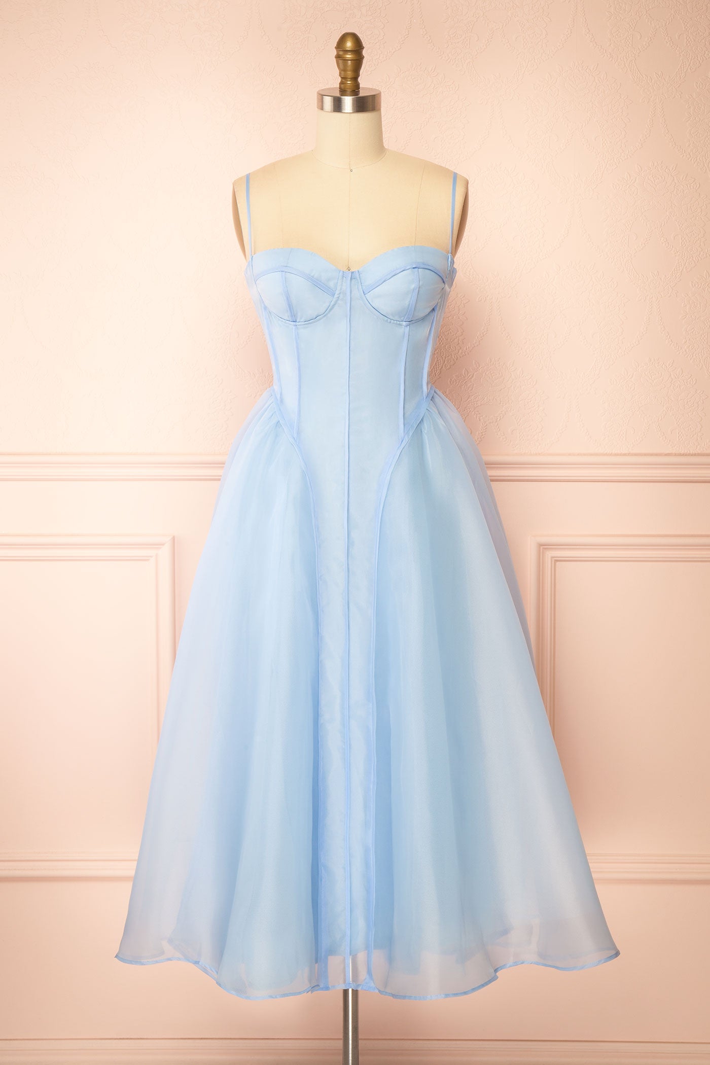 Berthia Light Blue Corset Organza Midi Dress | Boutique 1861 front