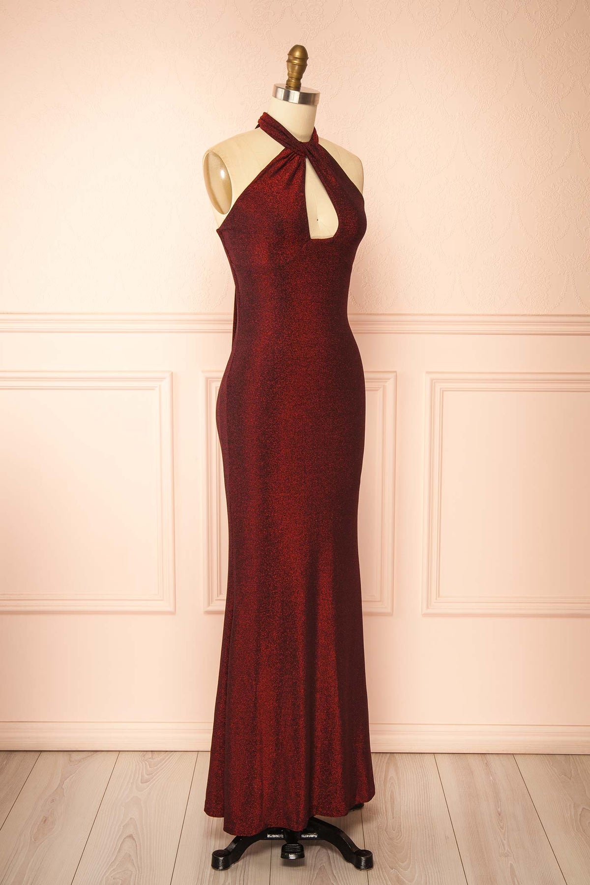 side view of Bertina Shimmery Burgundy Halter Keyhole Maxi Dress at Boutique 1861