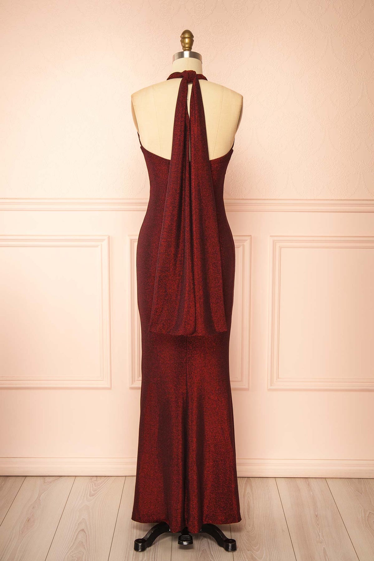 back view of Bertina Shimmery Burgundy Halter Keyhole Maxi Dress at Boutique 1861