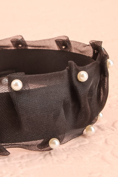 Bessy Black Headband w/ Tulle & Pearls | Boutique 1861 flat close-up