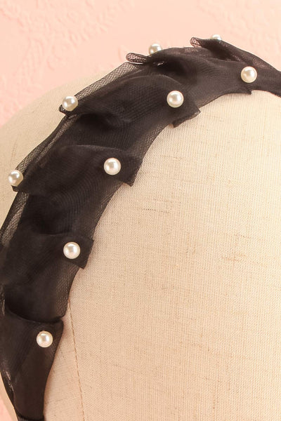Bessy Black Headband w/ Tulle & Pearls | Boutique 1861 close-up