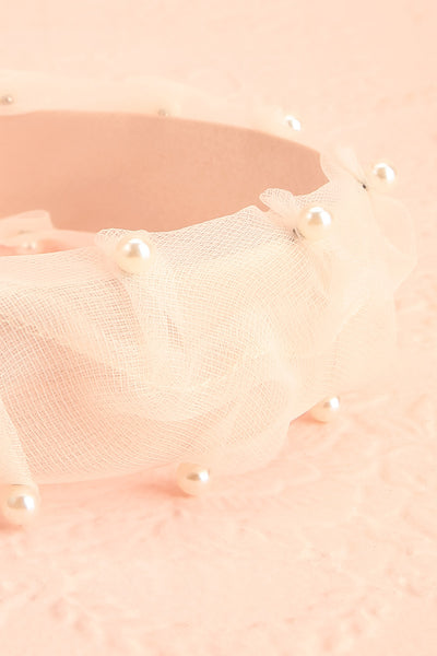Bessy Ivory Headband w/ Tulle & Pearls | Boutique 1861 flat close-up