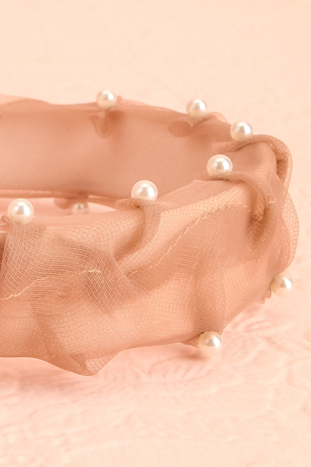 Bessy Taupe Headband w/ Tulle & Pearls | Boutique 1861 flat close-up
