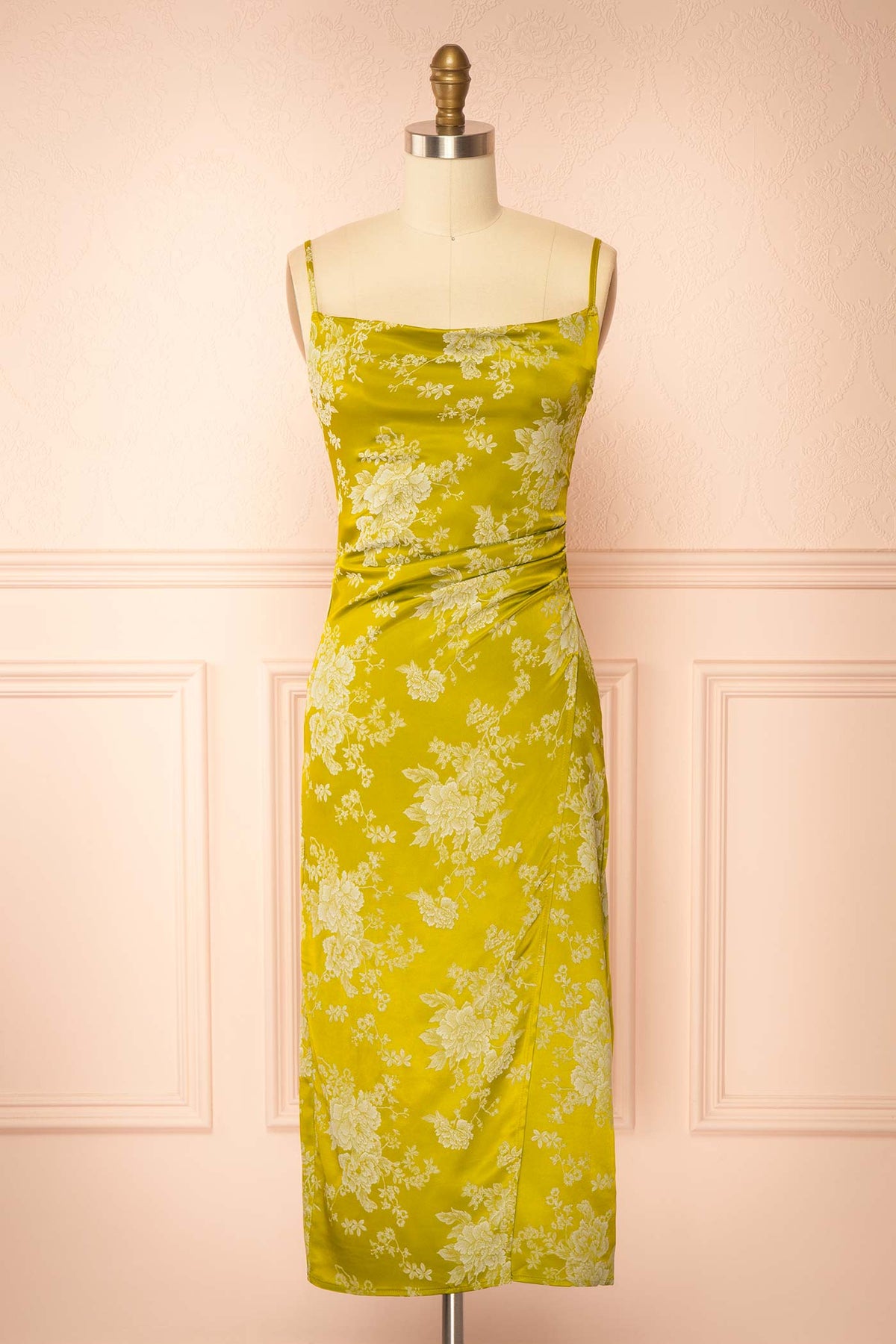 front view of Bethea Chartreuse Cowl Neck Satin Jacquard Midi Dress at Boutique 1861