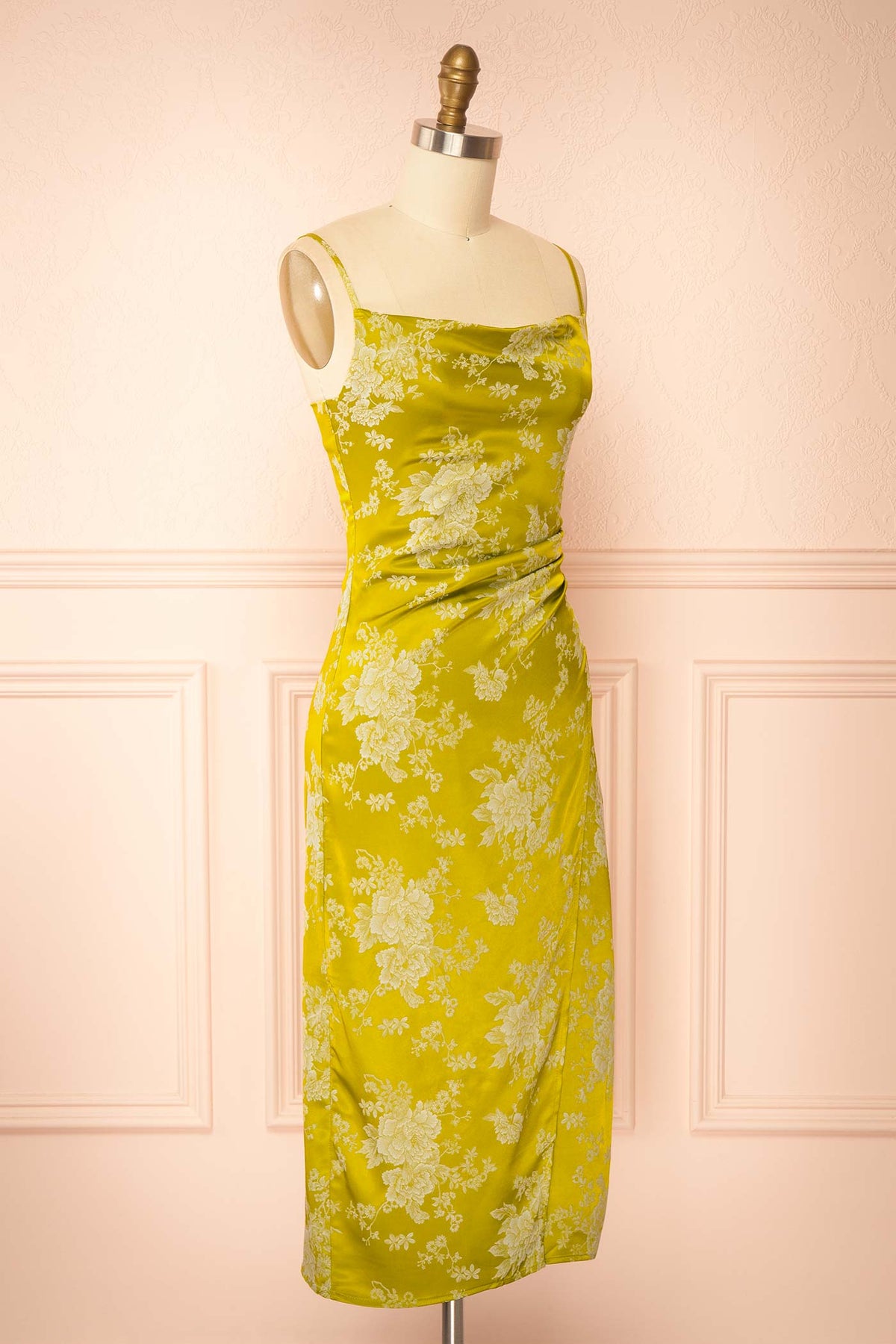 side view of Bethea Chartreuse Cowl Neck Satin Jacquard Midi Dress at Boutique 1861