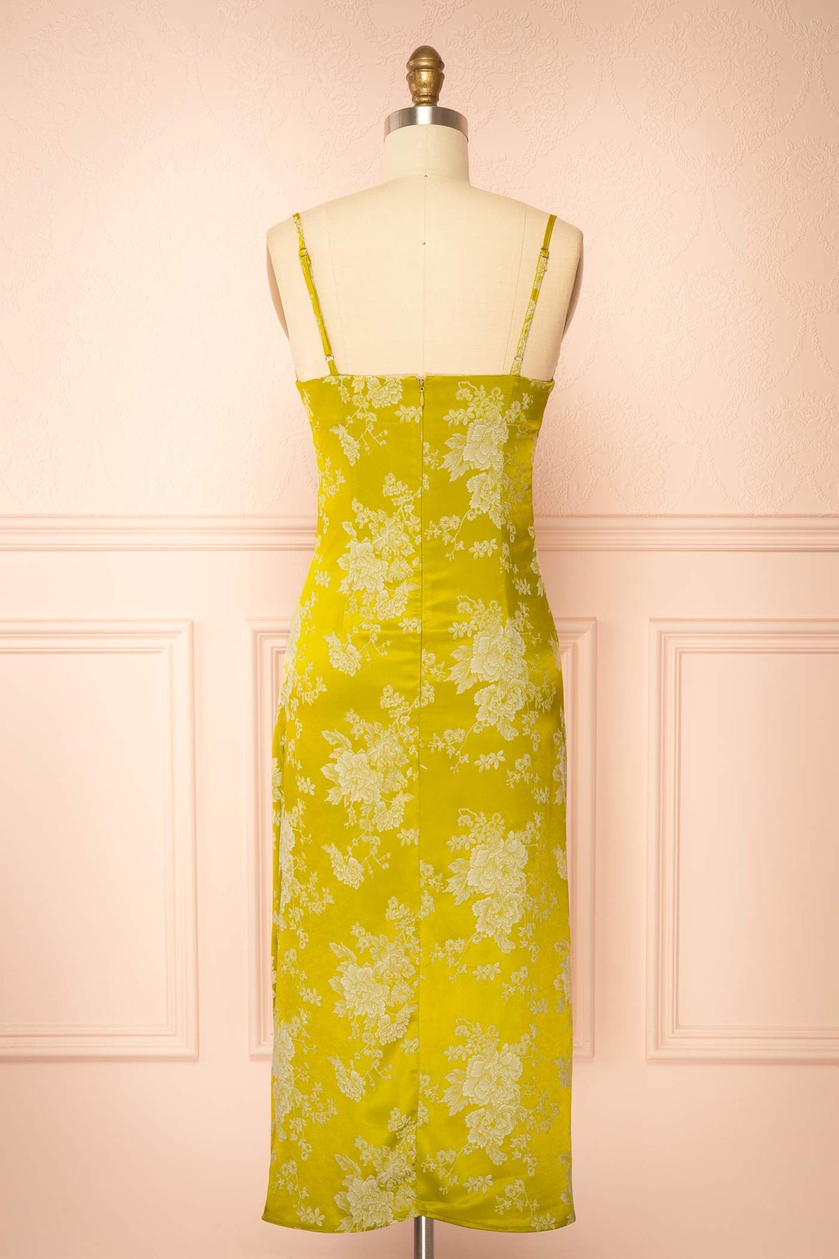 back view of Bethea Chartreuse Cowl Neck Satin Jacquard Midi Dress at Boutique 1861