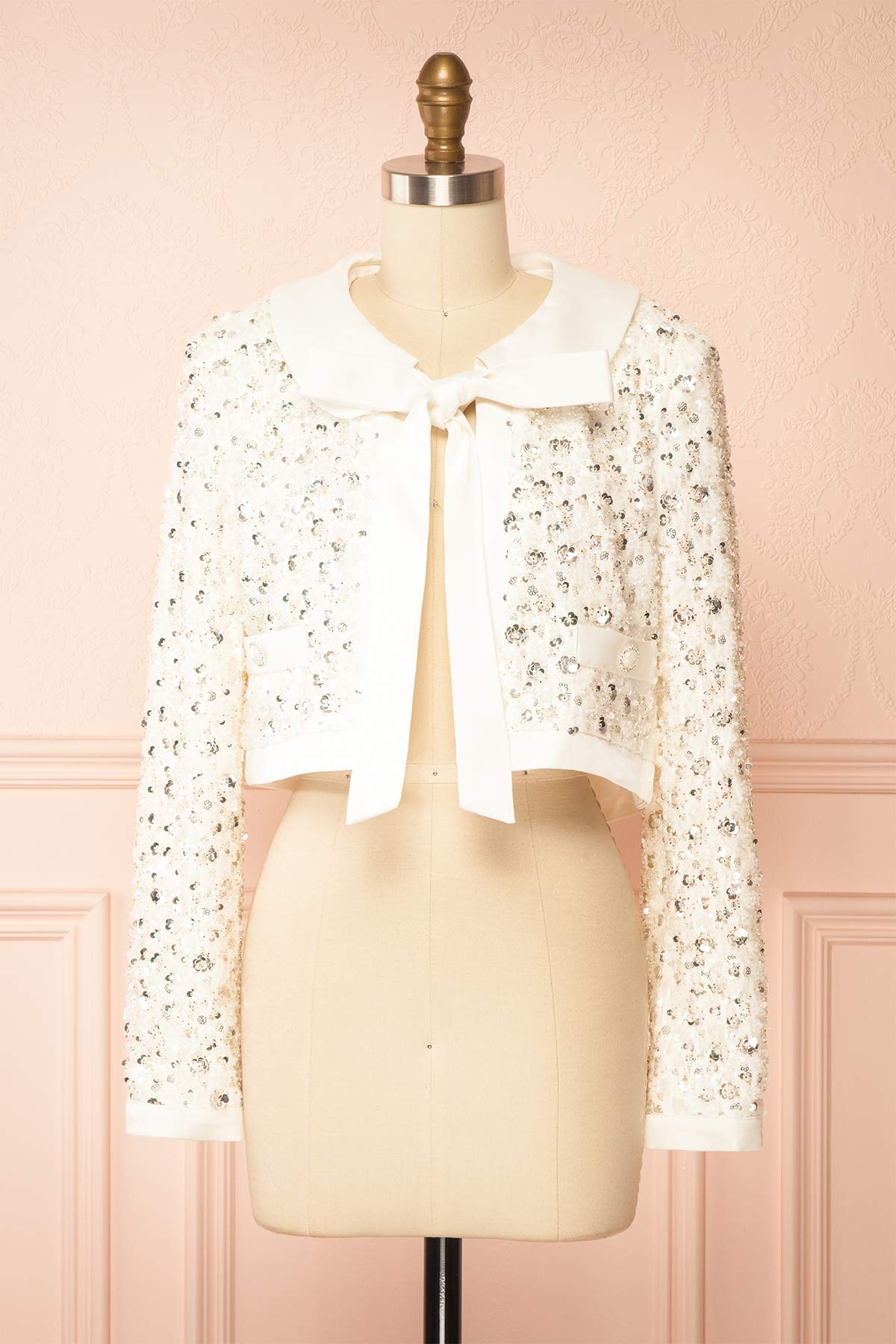 front view of Bethiele Ivory Open-Front Blazer with Sequins at Boudoir 1861