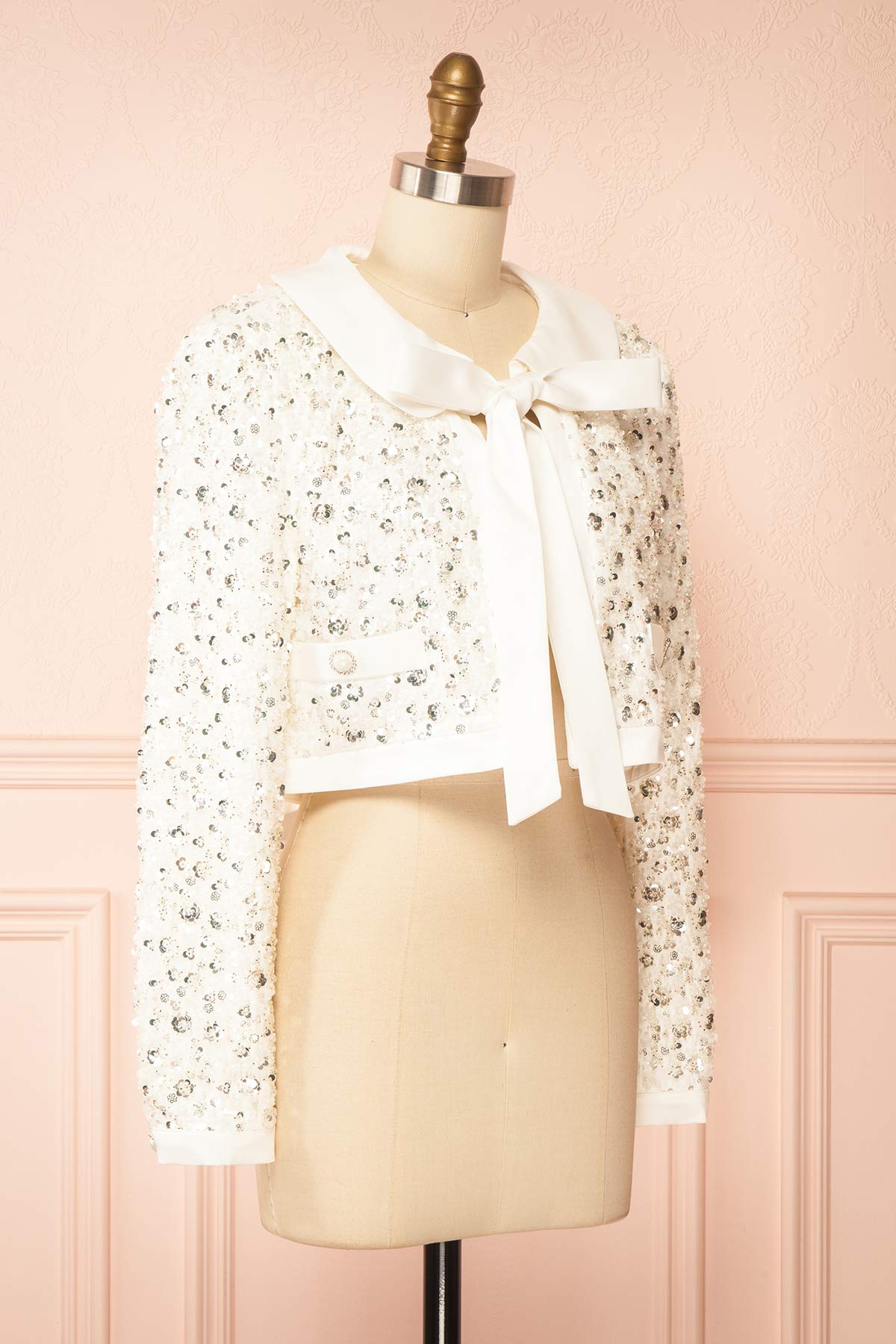 Side view of Bethiele Ivory Open-Front Blazer with Sequins at Boudoir 1861