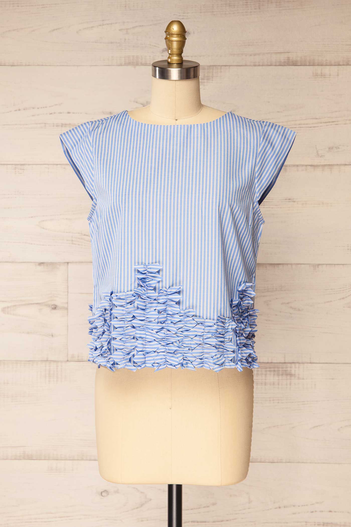 Betul Blue and White Striped Ruffle Hem Cap Sleeve Top | La petite garçonne front