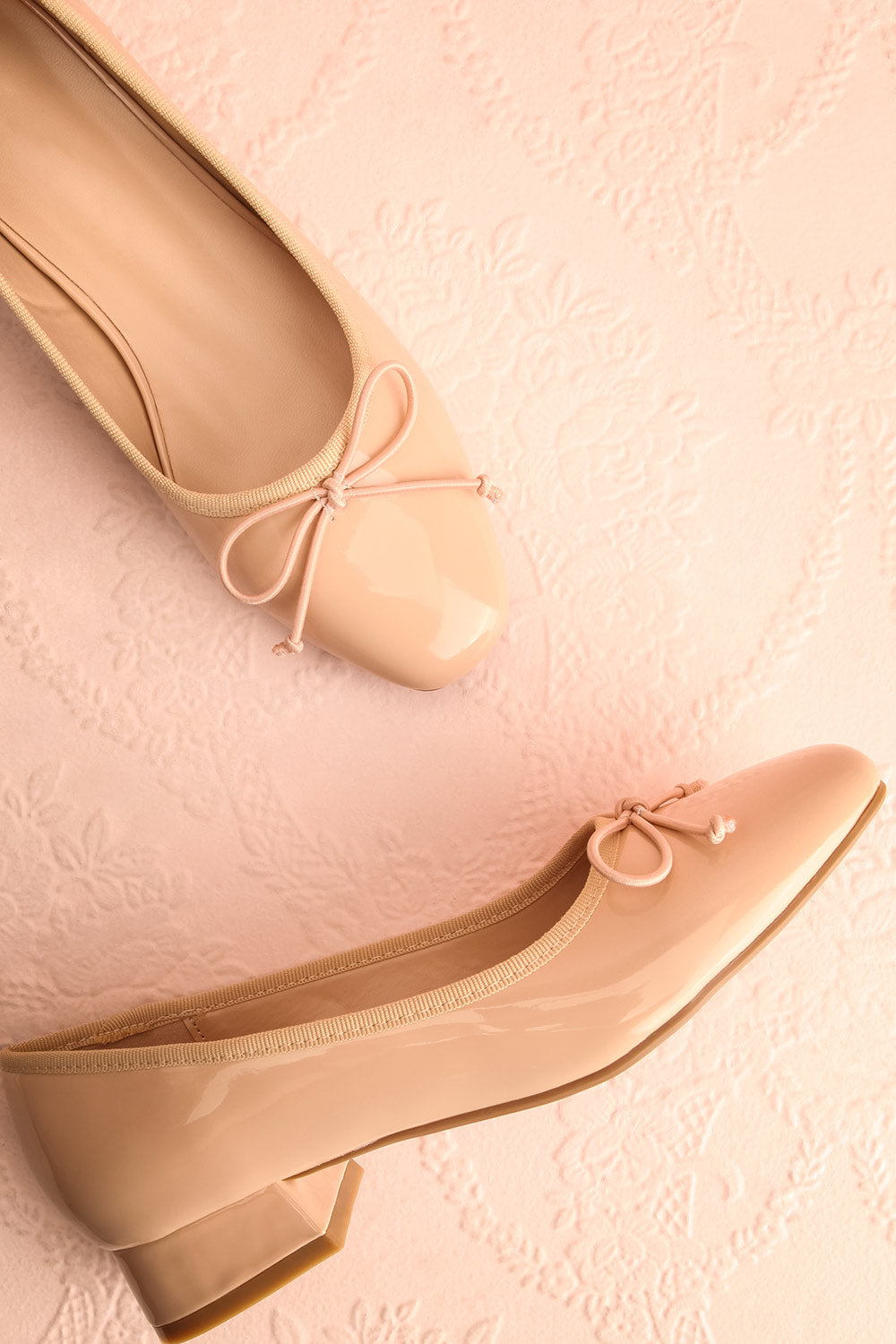 Beverlie Beige Heeled Ballerina Shoes w/ Bow | Boutique 1861 flat view