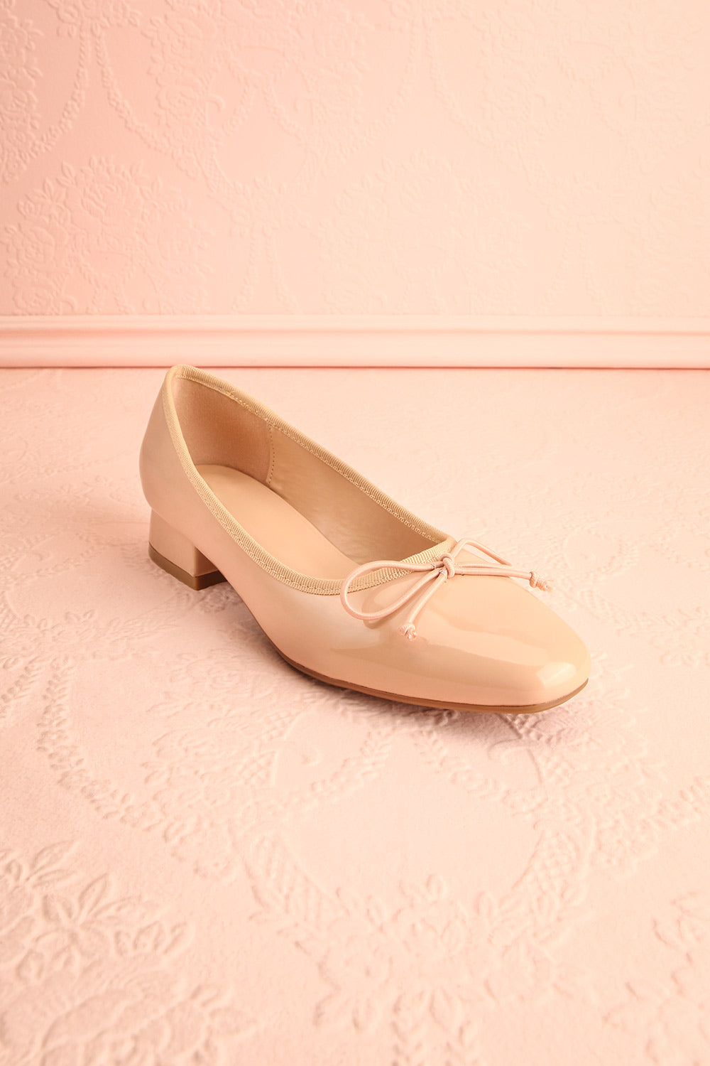 Beverlie Beige Heeled Ballerina Shoes w/ Bow | Boutique 1861 front view