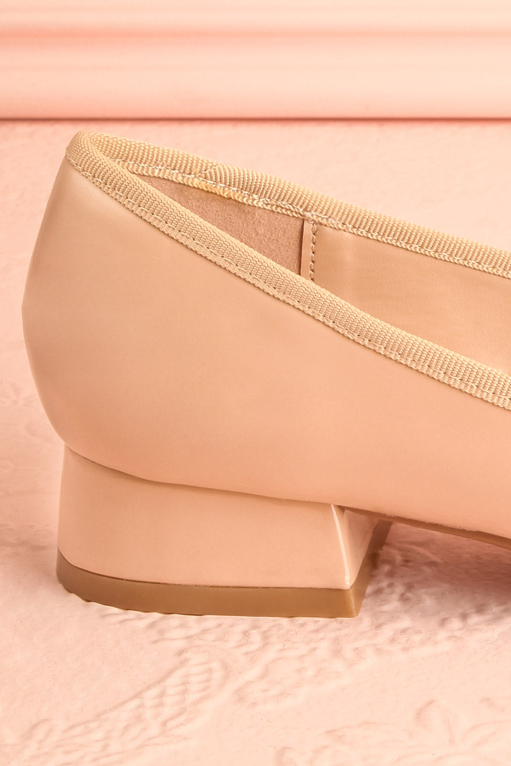 Beverlie Beige Heeled Ballerina Shoes w/ Bow | Boutique 1861 side back close-up