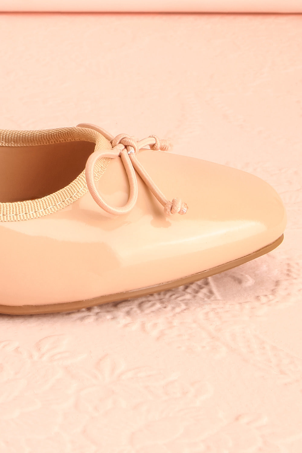 Beverlie Beige Heeled Ballerina Shoes w/ Bow | Boutique 1861 side front close-up