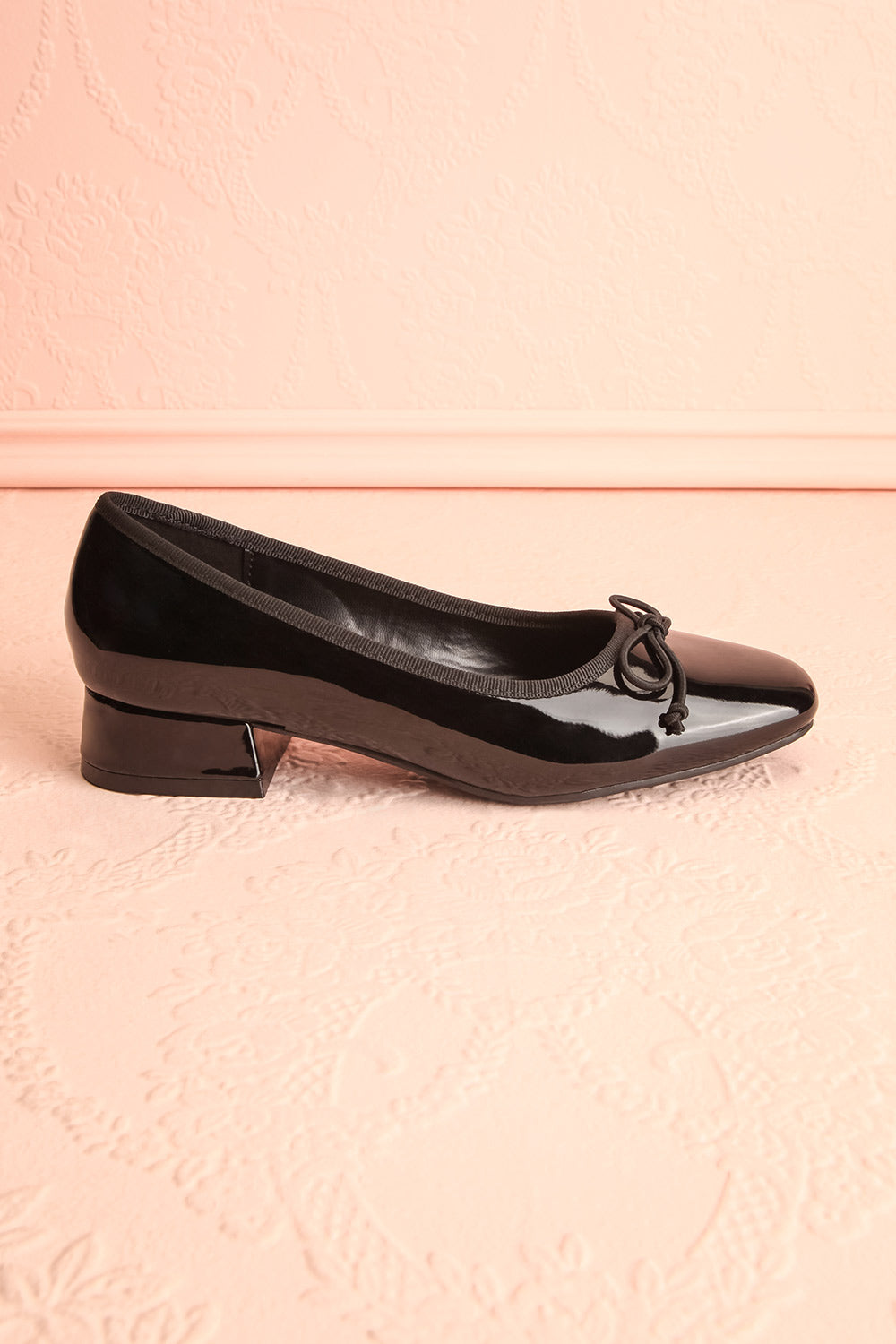 Beverlie Black Heeled Ballerina Shoes w/ Bow | Boutique 1861 side view