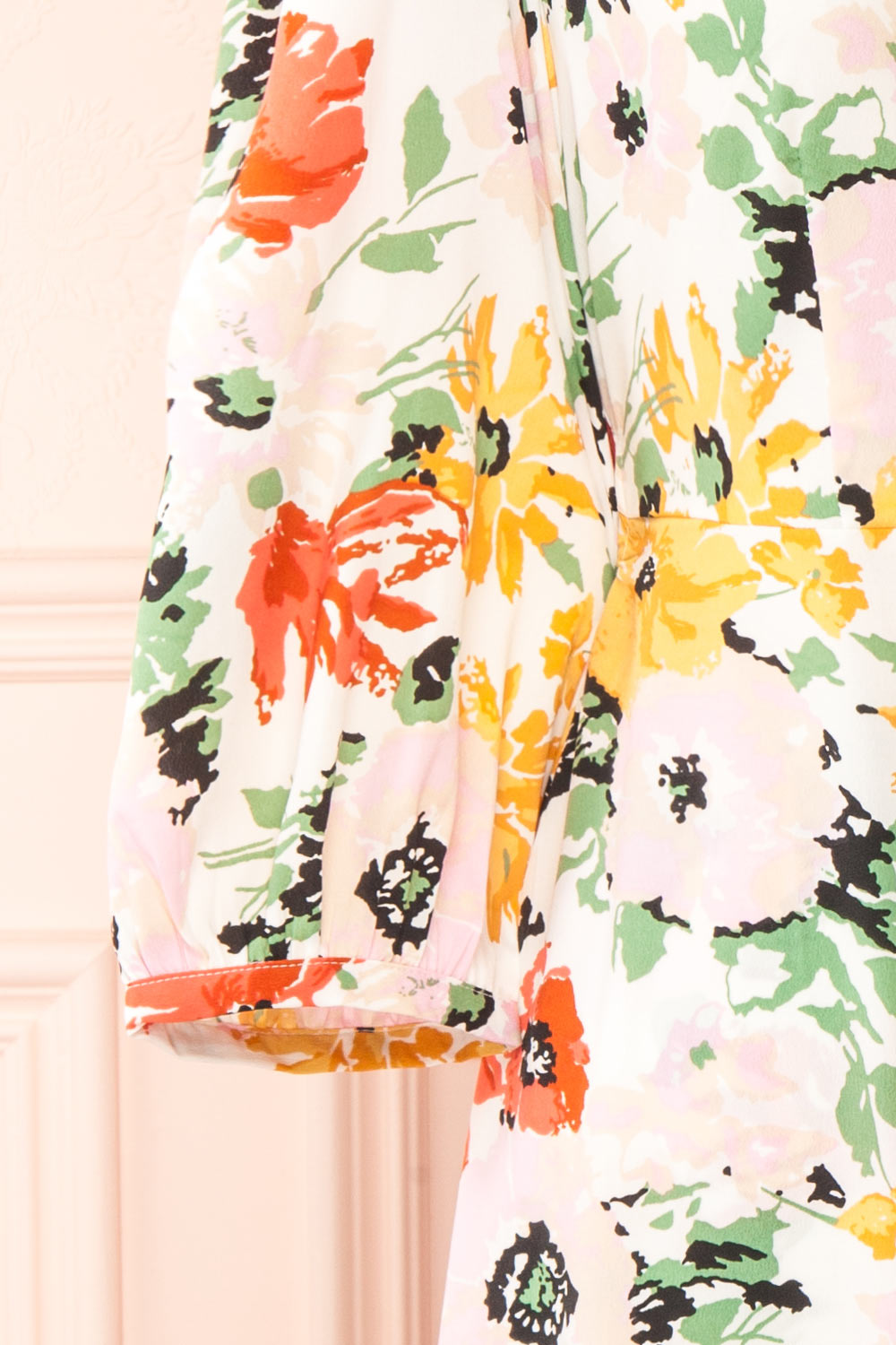 Bianma Colorful Floral Wrap Dress w/ Long Sleeves | Boutique 1861 sleeve close-up