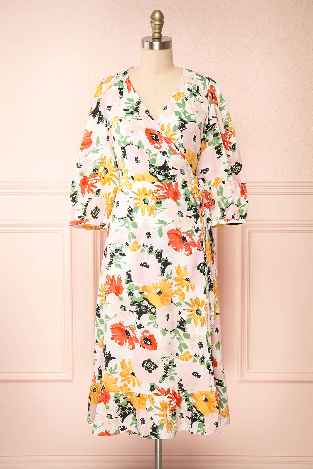 Bianma Colorful Floral Wrap Dress w/ Long Sleeves | Boutique 1861 front view