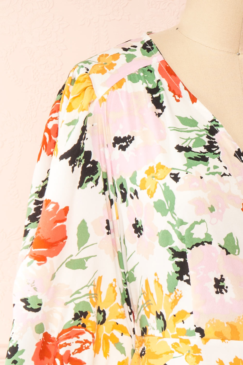 Bianma Colorful Floral Wrap Dress w/ Long Sleeves | Boutique 1861 side close-up