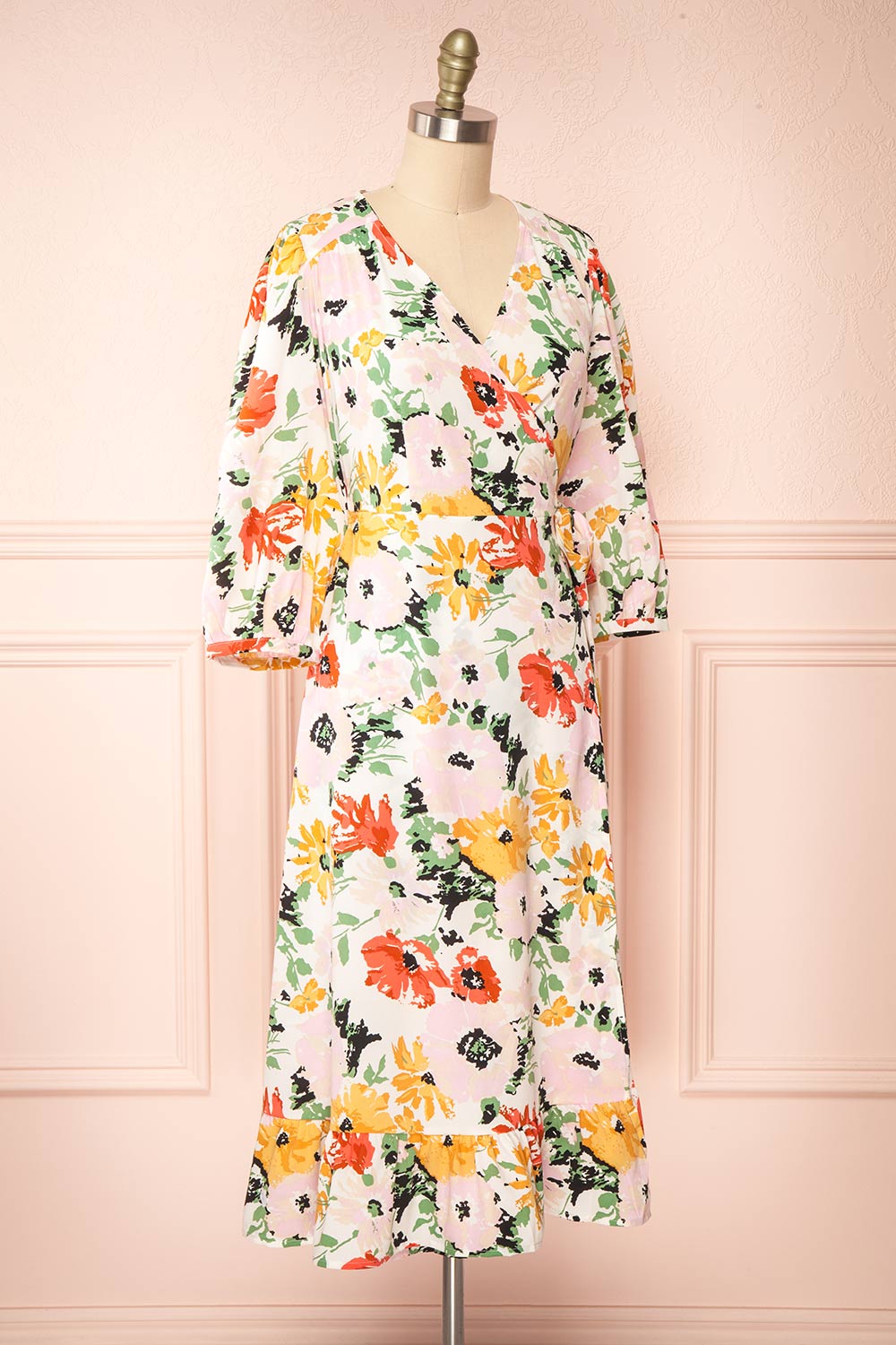 Bianma Colorful Floral Wrap Dress w/ Long Sleeves | Boutique 1861 side view