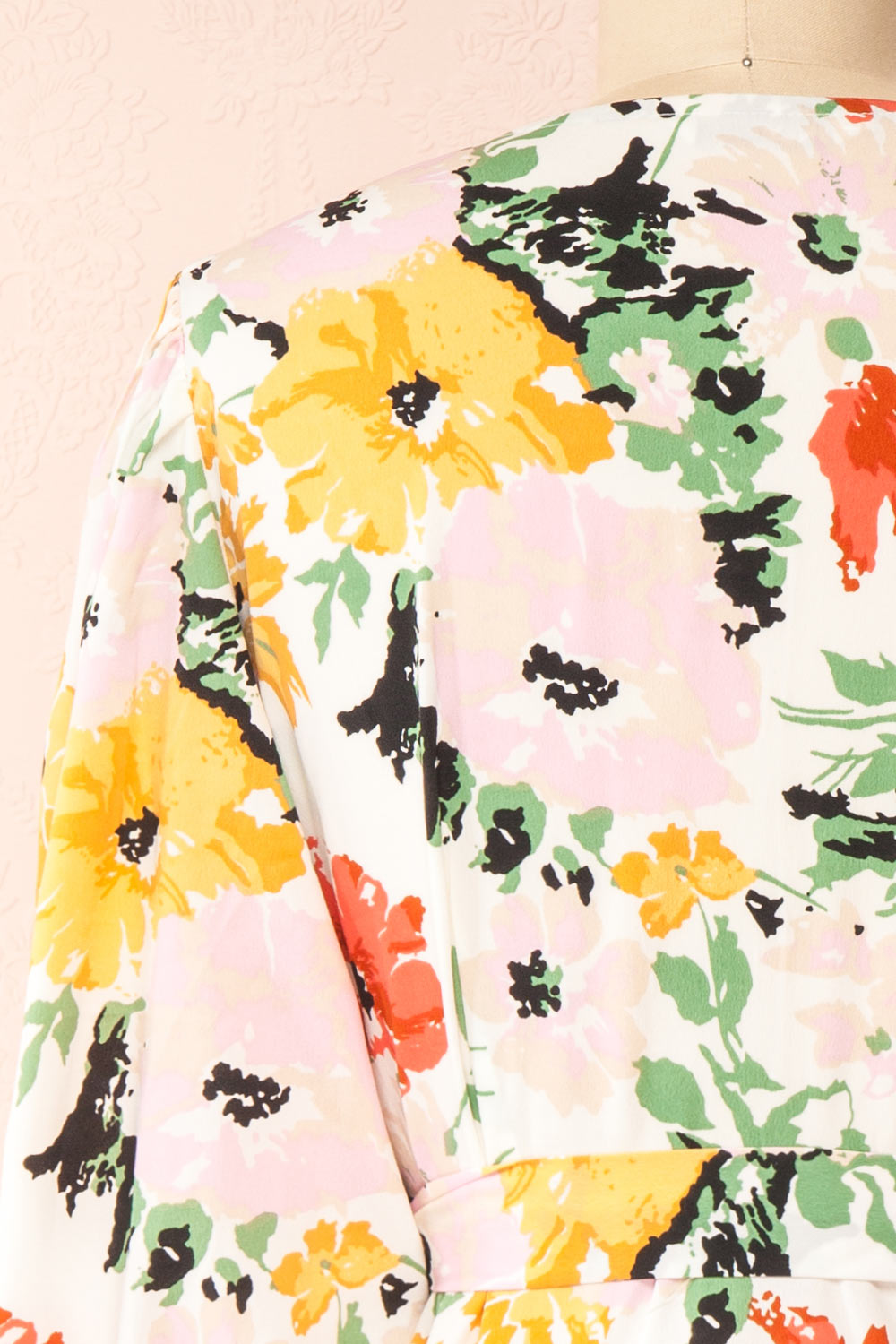 Bianma Colorful Floral Wrap Dress w/ Long Sleeves | Boutique 1861 back close-up