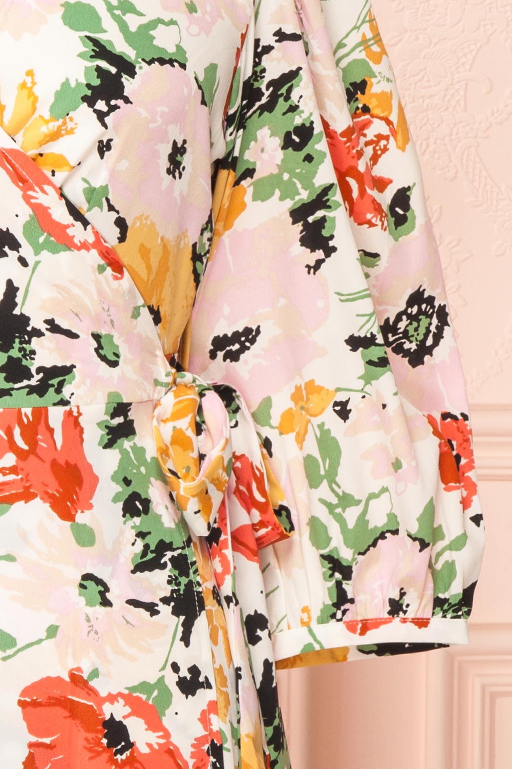 Bianma Colorful Floral Wrap Dress w/ Long Sleeves | Boutique 1861  bow close-up