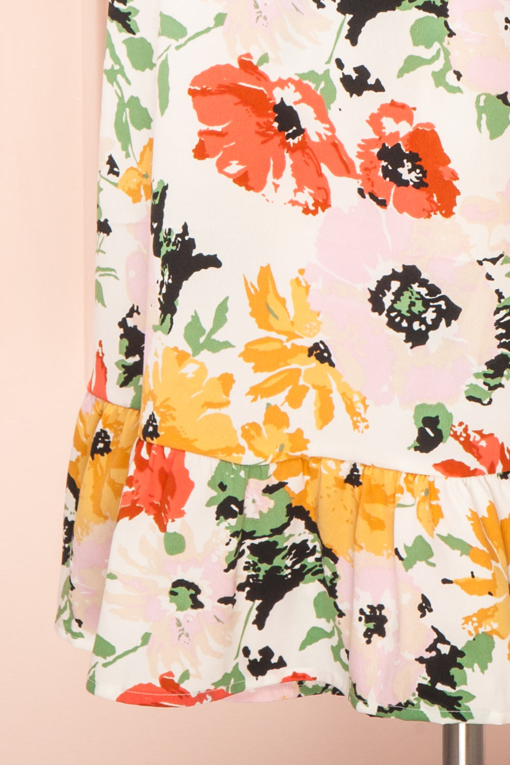 Bianma Colorful Floral Wrap Dress w/ Long Sleeves | Boutique 1861 bottom close-up
