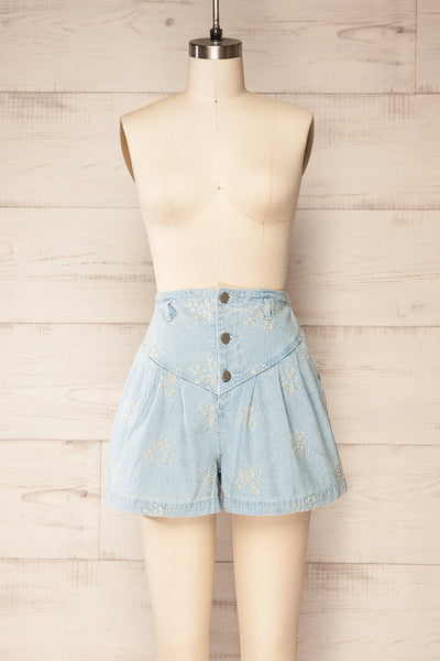 Biarritz Blue Denim Shorts w/ Floral Embroidery | La petite garçonne  front view