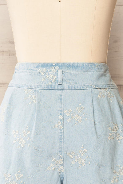 Biarritz Blue Denim Shorts w/ Floral Embroidery | La petite garçonne  back close-up