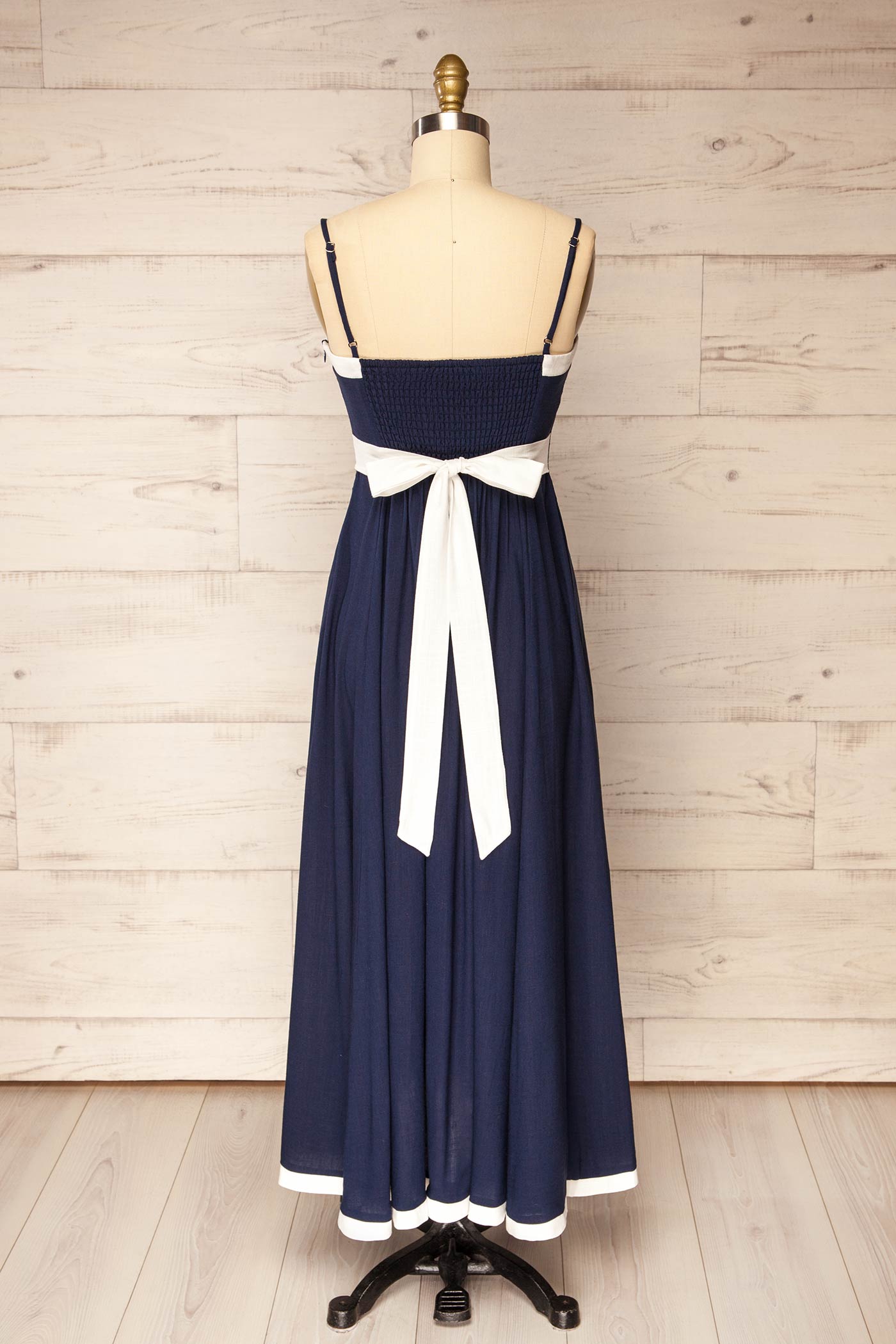 Biella Navy Midi Dress with White Contrast Trim | La petite garçonne back