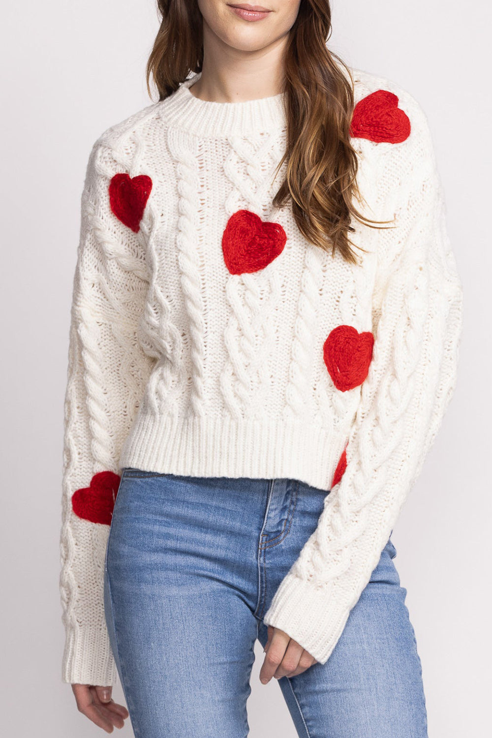 Bihotza Knit Sweater w/ Red Hearts | Boutique 1861 on model