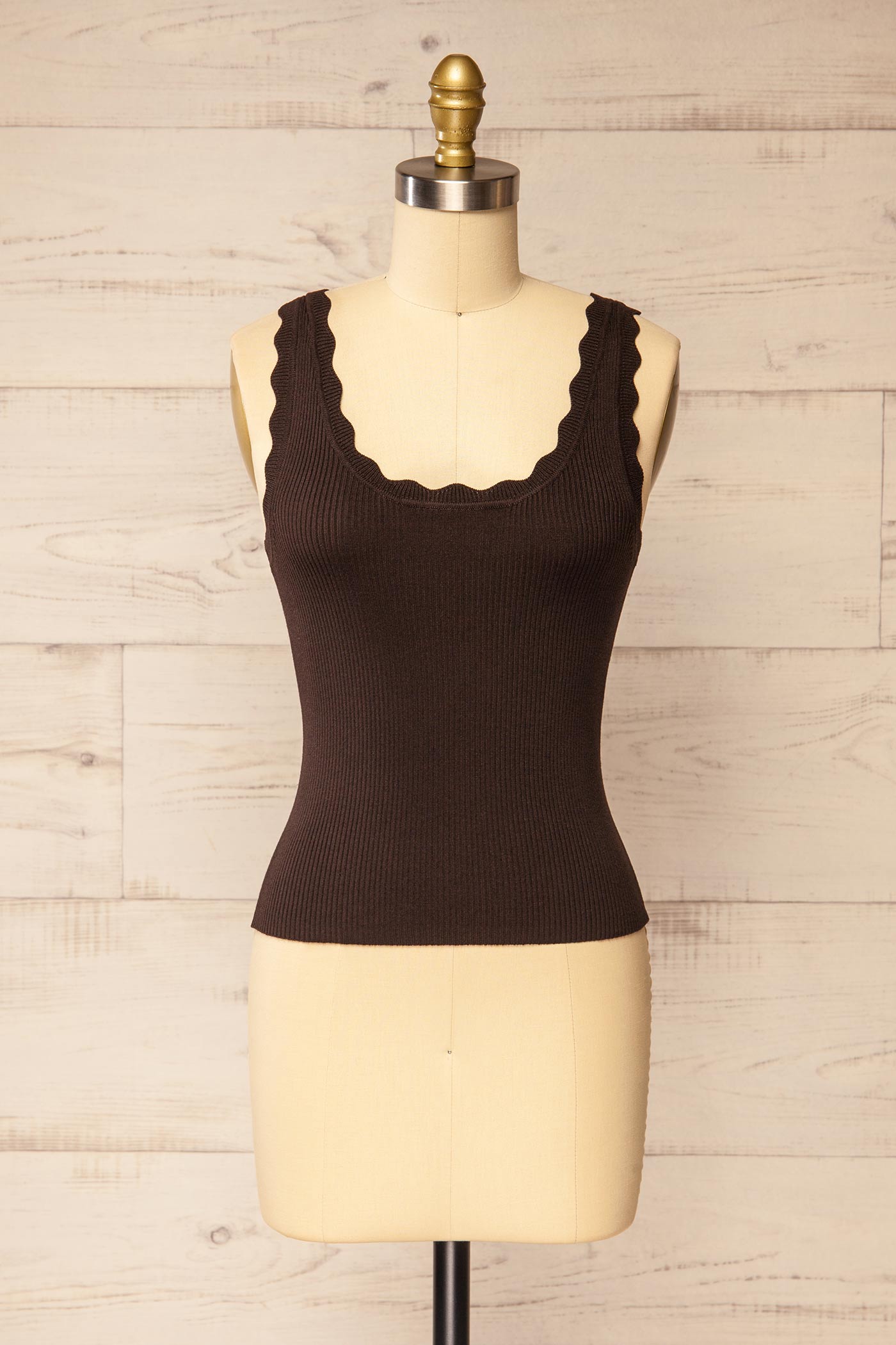 Biloela Brown Knit Tank Top with Scalloped Trim | La petite garçonne front