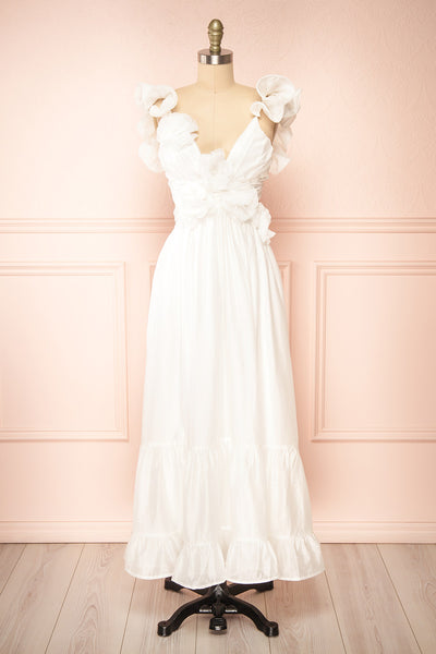 Binette Long White Dress w/ 3D Flowers | Boutique 1861 front view