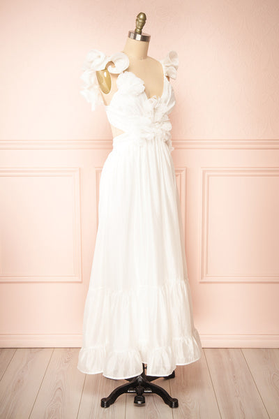 Binette Long White Dress w/ 3D Flowers | Boutique 1861 side vie