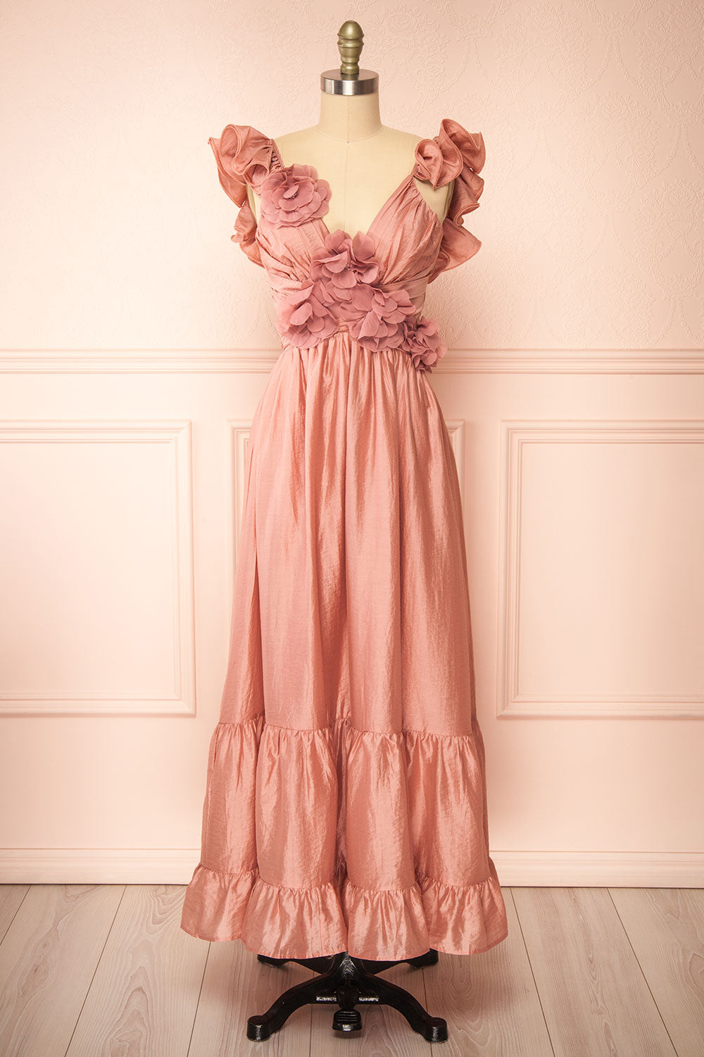 Binnie Long Pink Dress w/ 3D Flowers | Boutique 1861 front view