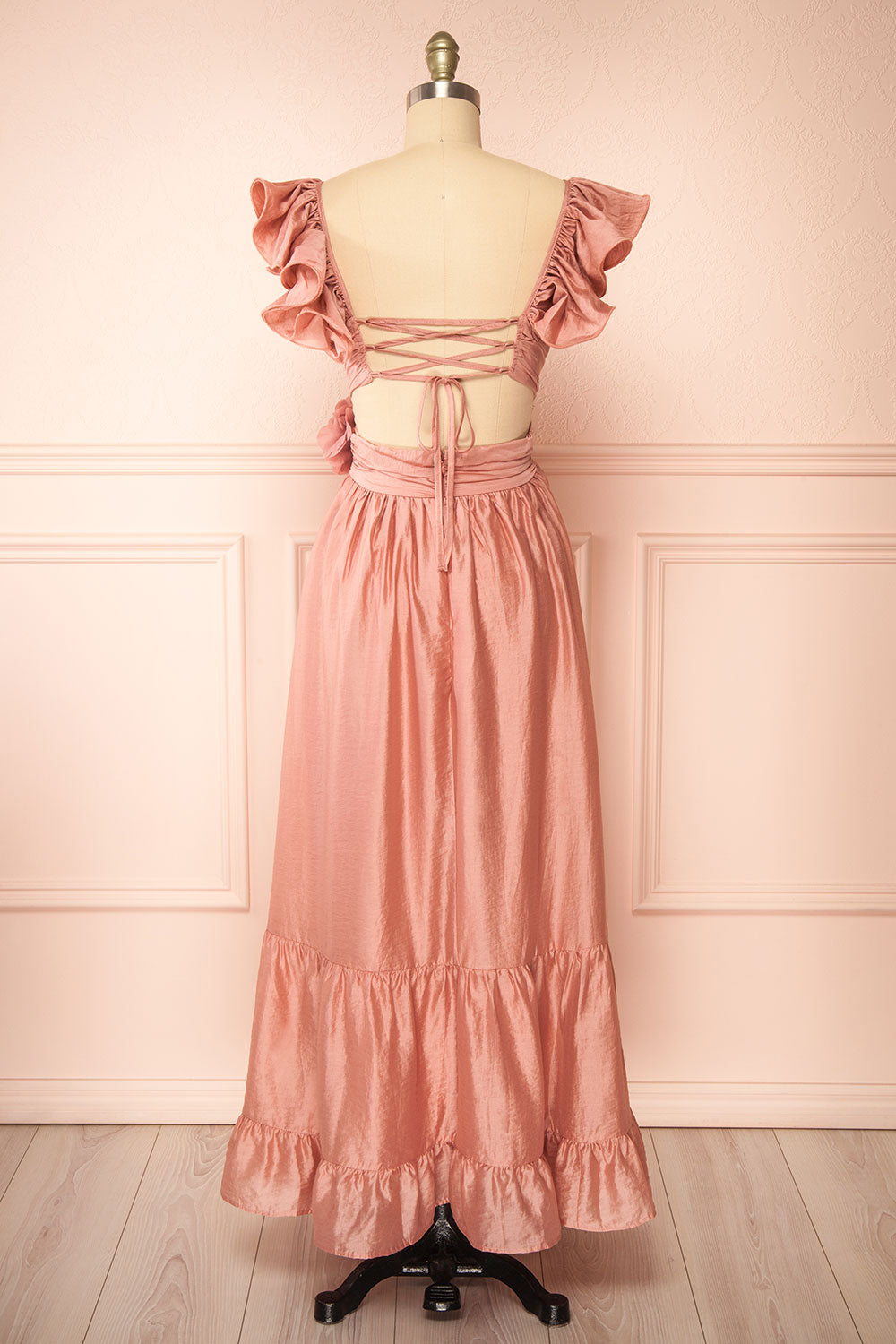 Binnie Long Pink Dress w/ 3D Flowers | Boutique 1861 back view 