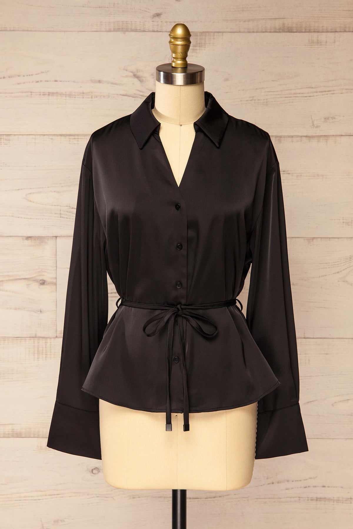 front view of Bistrita Black Satin Belted Button-Down Blouse at La petite garçonne