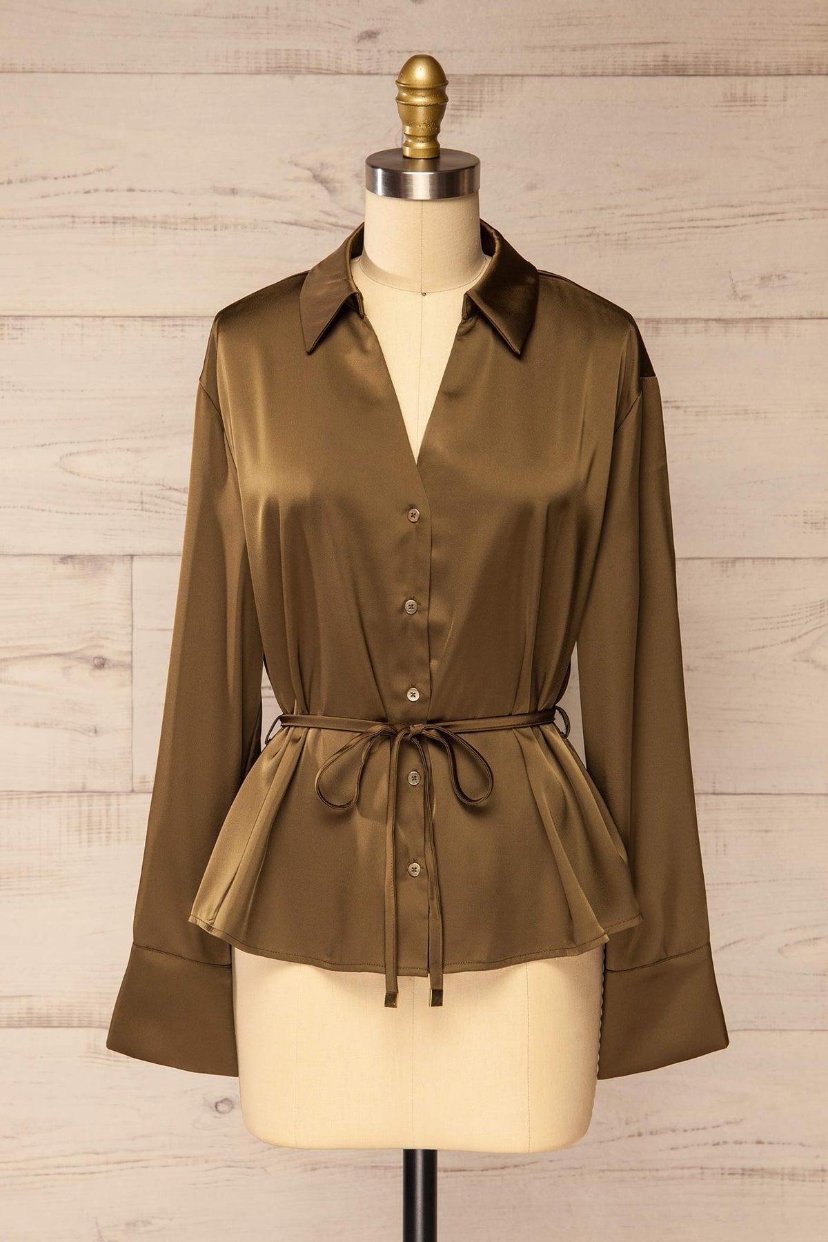 front view of Bistrita Khaki Satin Belted Button-Down Blouse at La petite garçonne