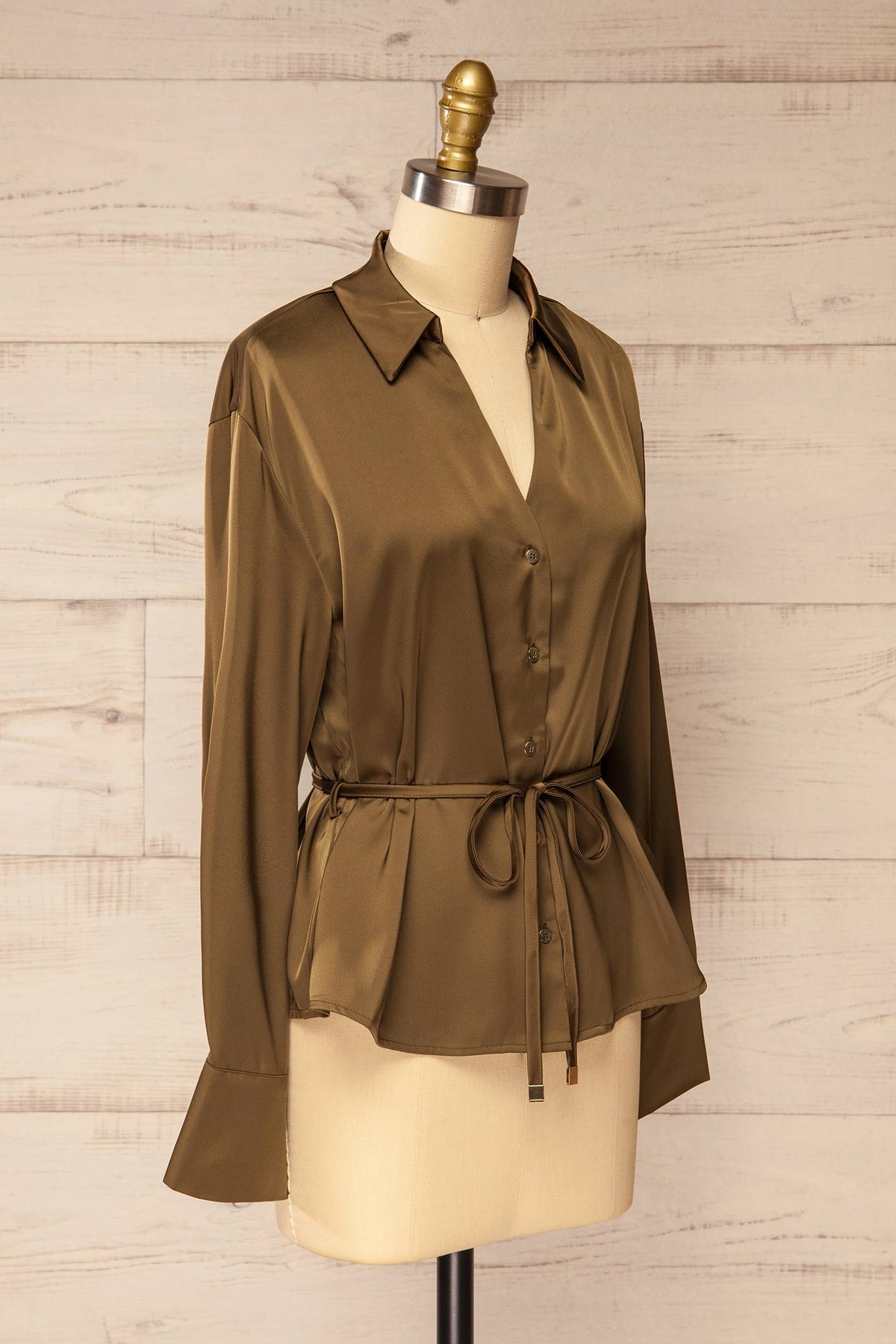 side view of Bistrita Khaki Satin Belted Button-Down Blouse at La petite garçonne