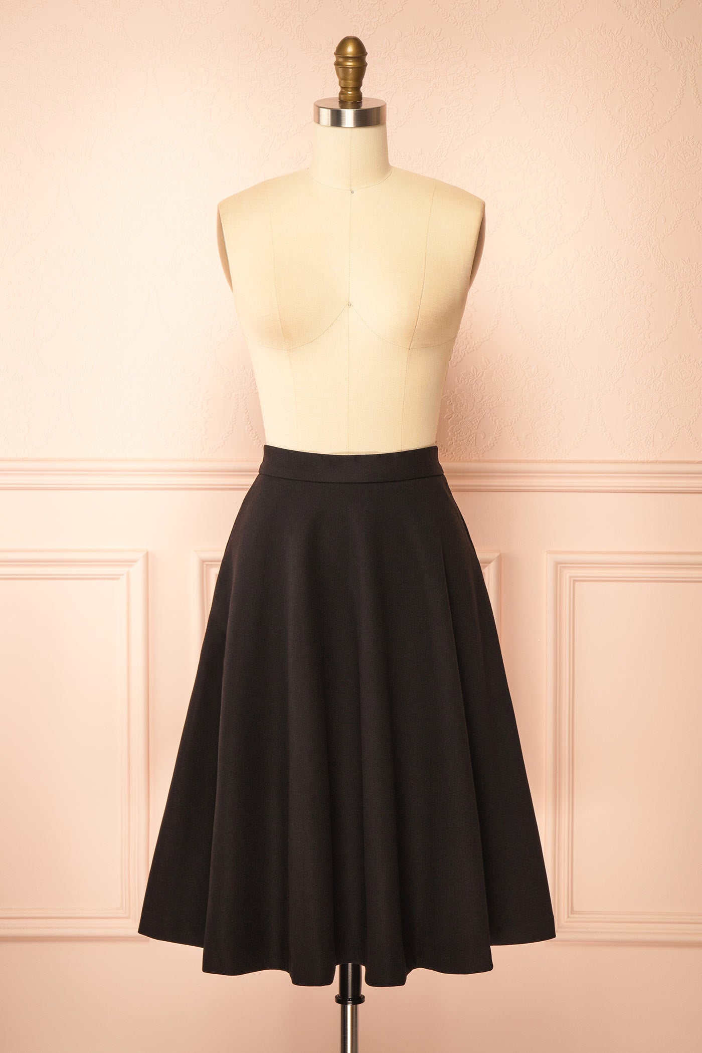 front view of Blaise Black High-Waisted Midi Skirt with Pockets at Boutique 1861