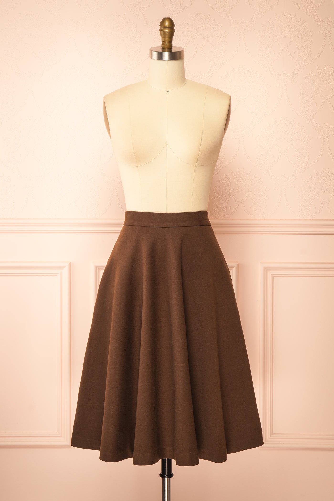 front view of Blaise Brown High-Waisted Midi Skirt with Pockets at Boutique 1861
