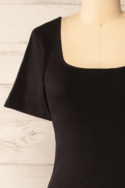 Bogota Black Short Sleeve Midi Dress | La petite garçonne front close-up