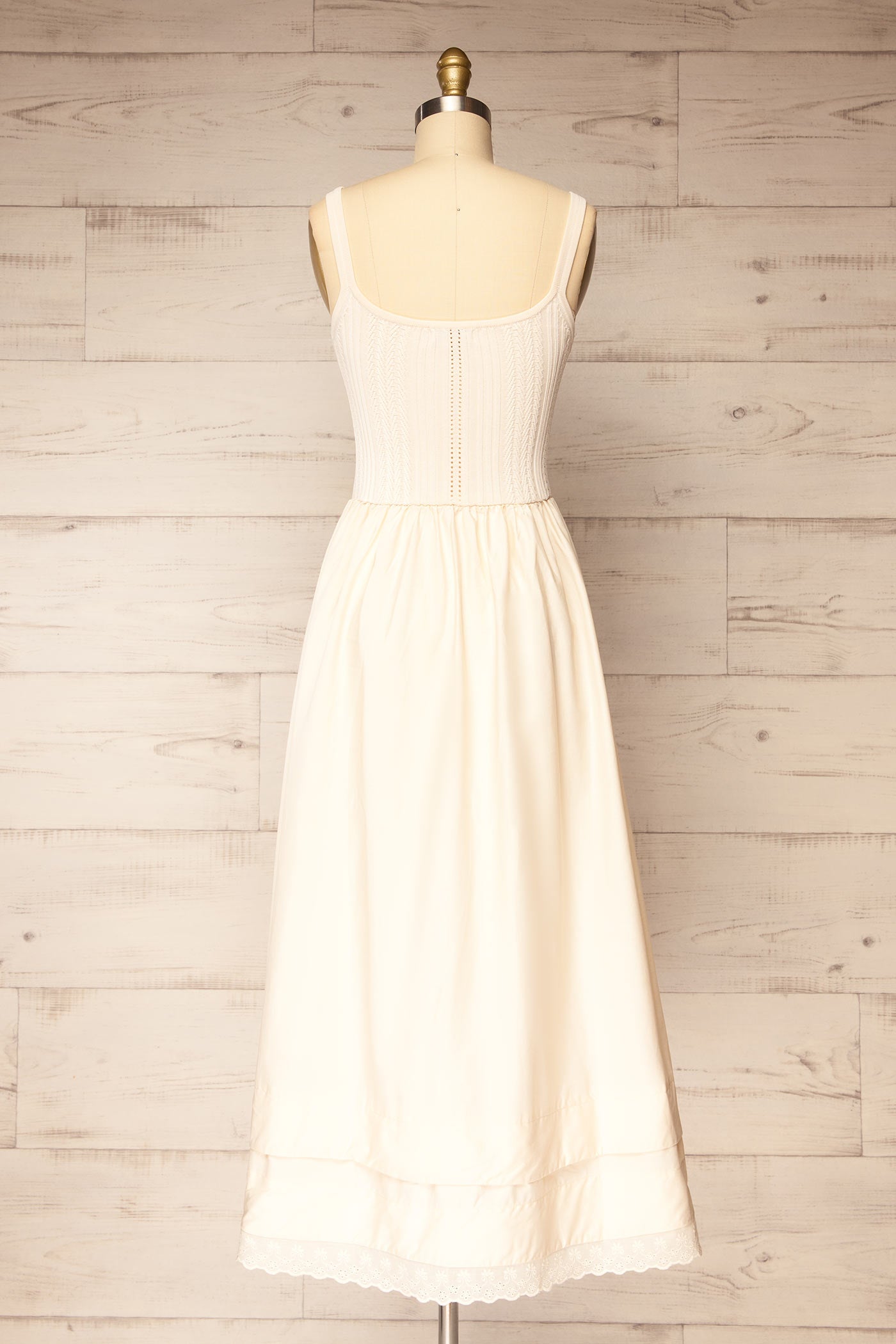 Backview Bolsena Beige Knitted Top Midi Dress with Eyelet Trim at la petite garçonne