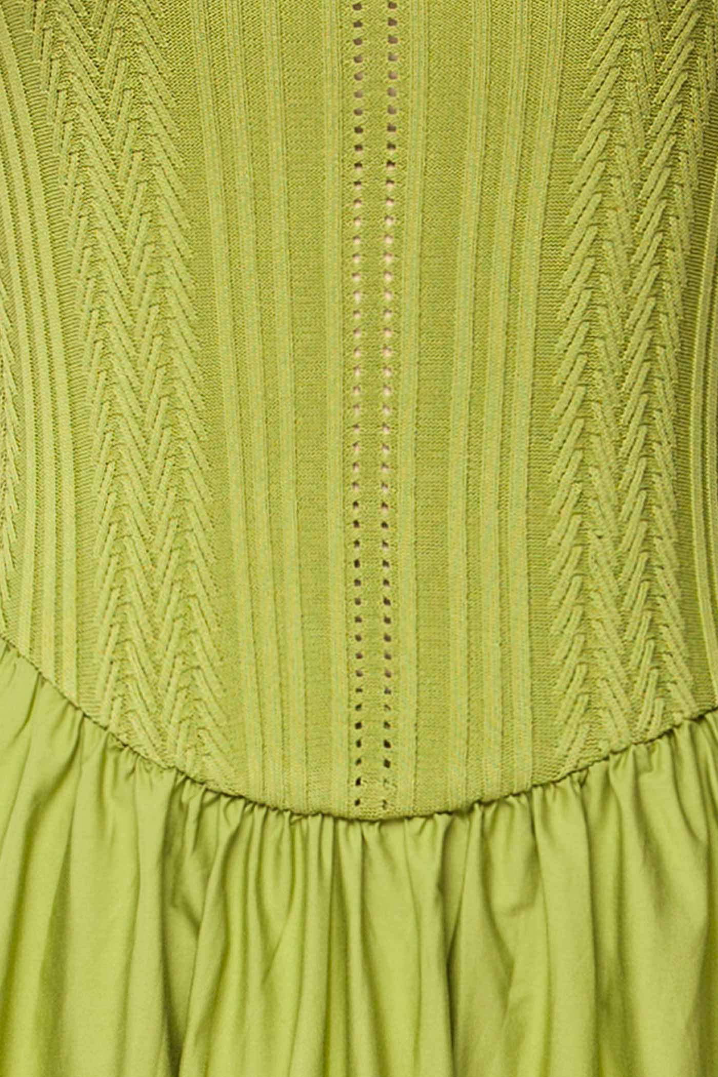 Close-up Bolsena Green Knitted Top Midi Dress with Eyelet Trim at la petite garçonne