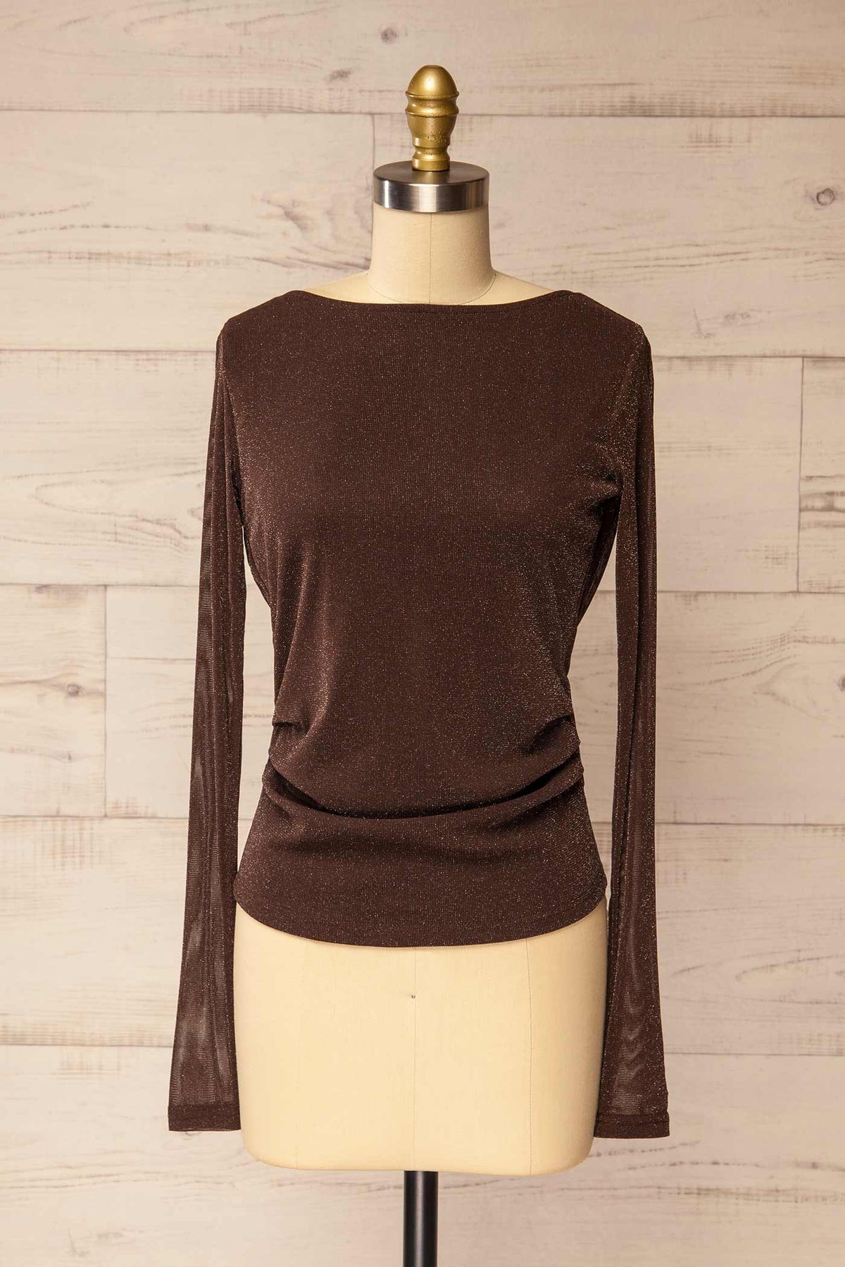 front view of Bonaventure Brown Shimmery Cowl Back Long Sleeve Top at La petite garçonne