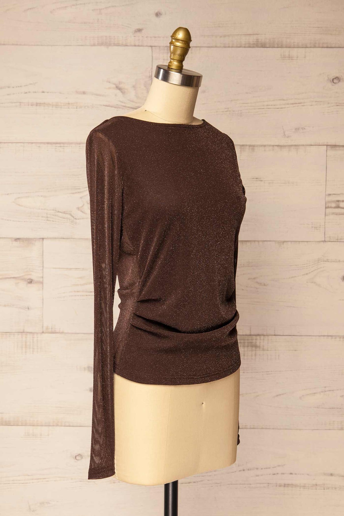 side view of Bonaventure Brown Shimmery Cowl Back Long Sleeve Top at La petite garçonne