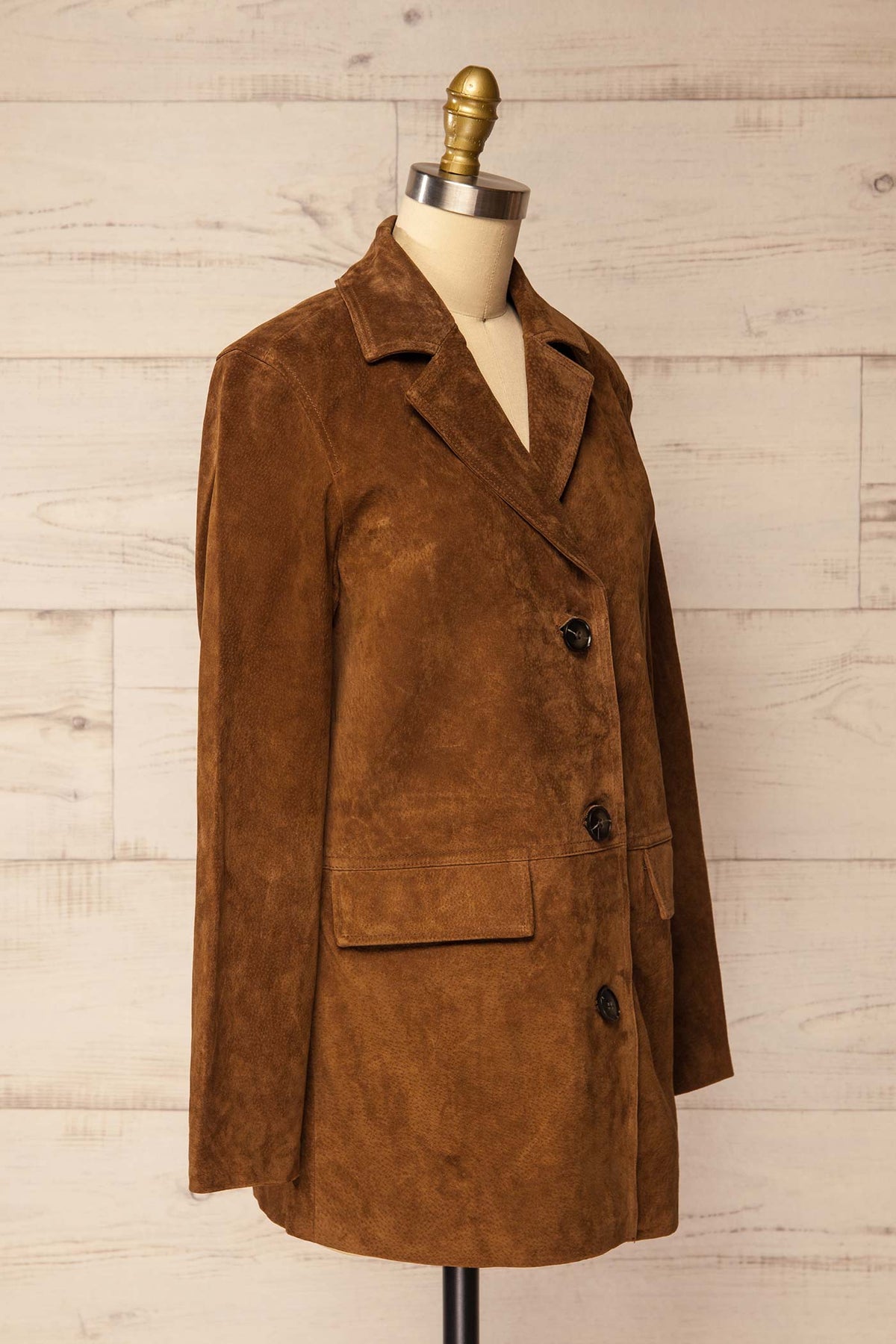 side view of Bonifacio Brown Suede Tailored Blazer Jacket at La petite garçonne
