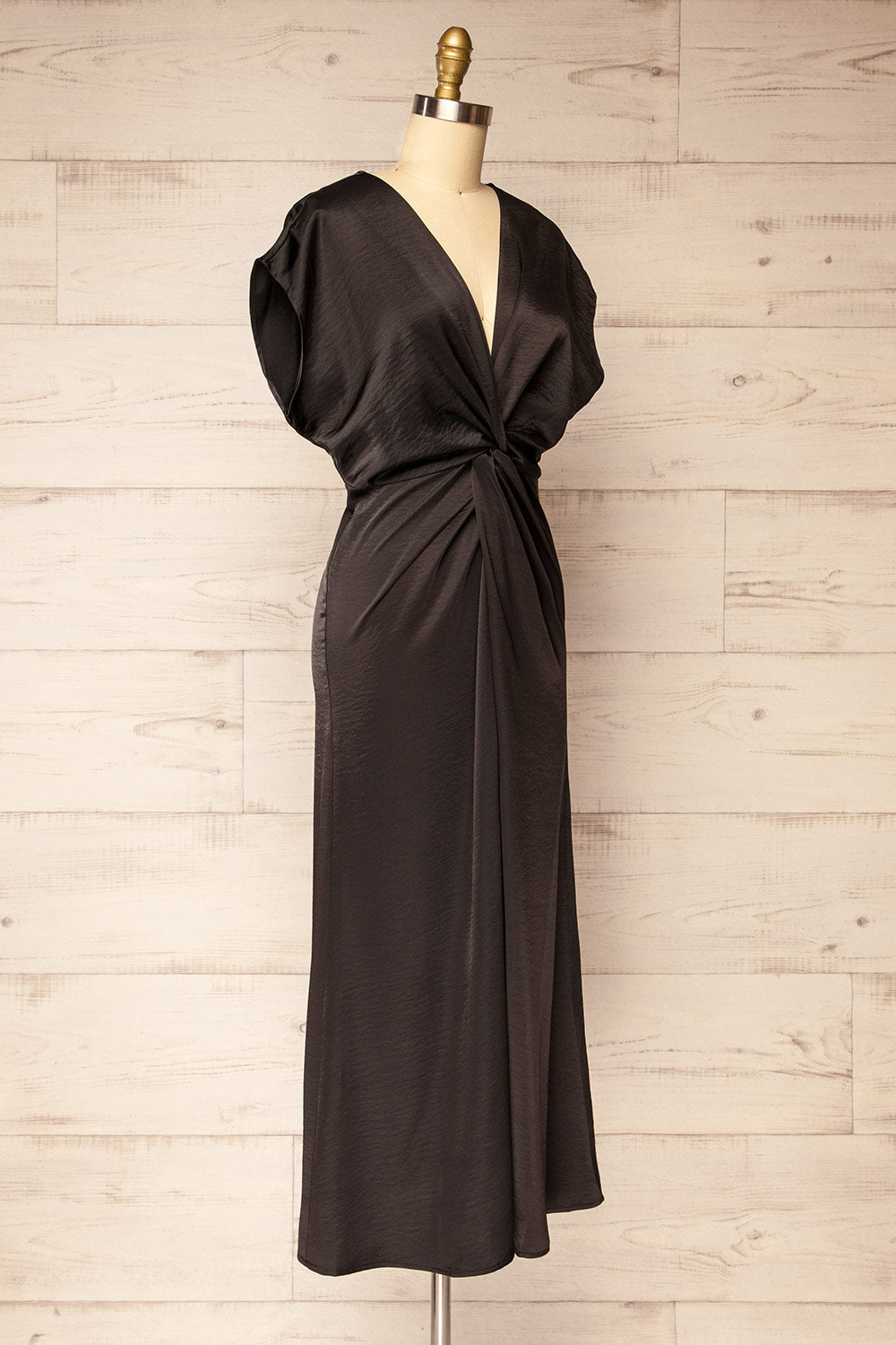 Bossie Black Long Satin Dress w/ Knot Effect | Boutique 1861  side view